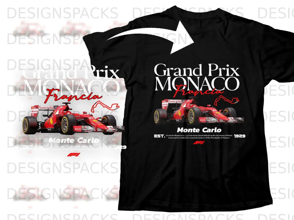 Black t-shirt with Grand Prix Monaco Monte Carlo text and a red race car.
