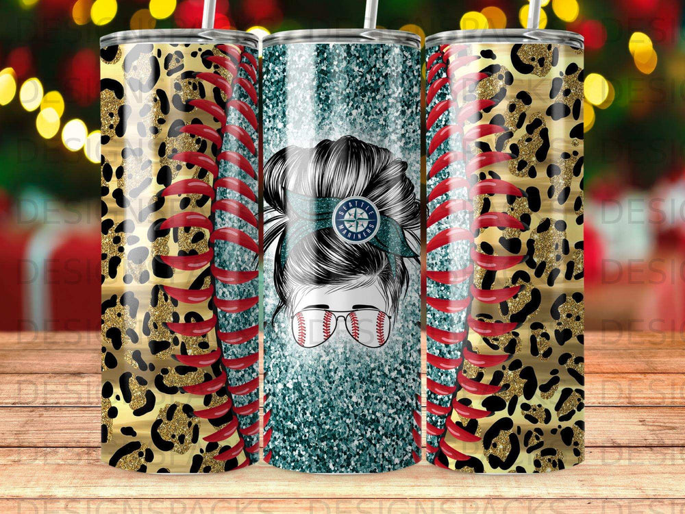 Tumbling tumbler with baseball pattern, leopard print, and glitter.