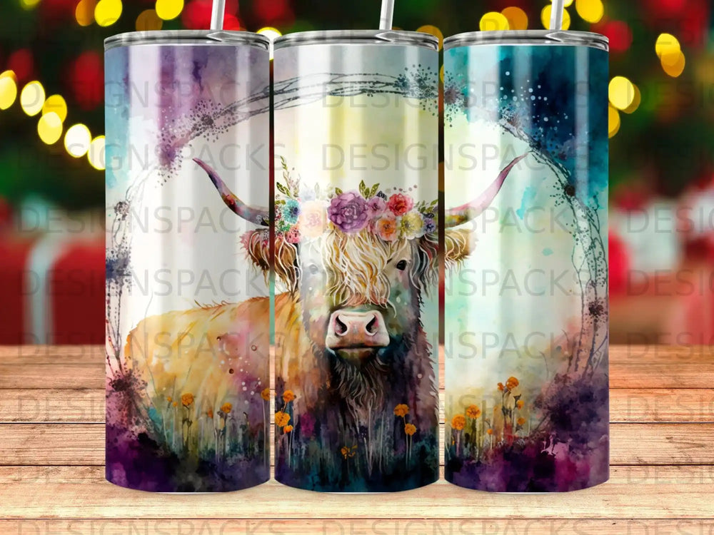 Highland cow with floral crown, watercolor art on three tumblers.