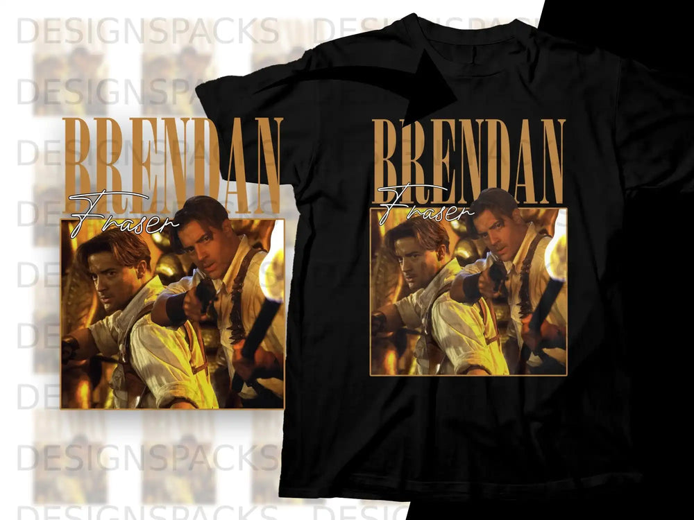 Brendan Fraser in a yellow shirt, looking intense, printed on a black t-shirt.