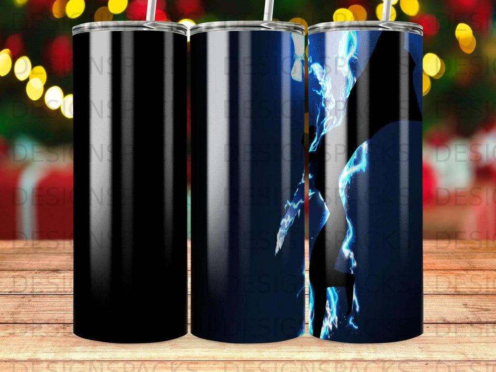 Black tumbler with blue lightning crackle design.