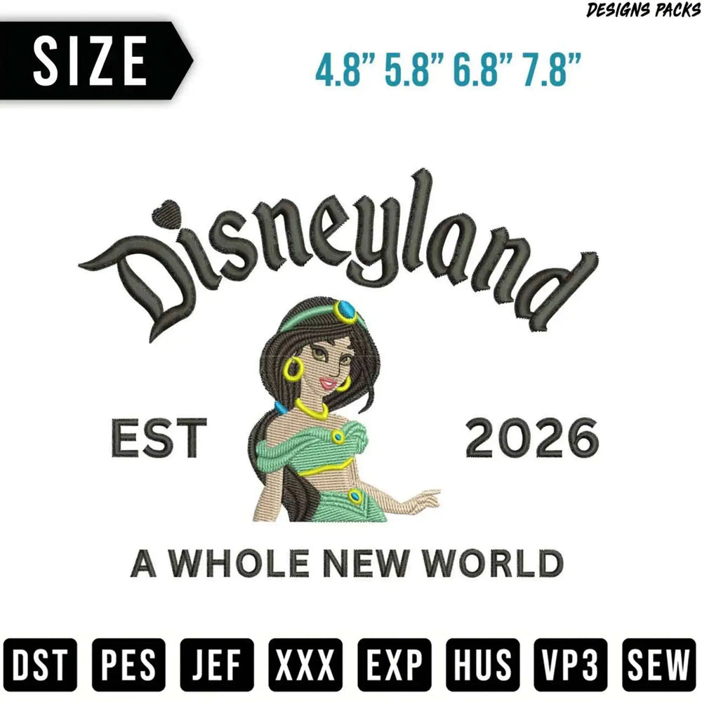 Disneyland EST 2026 logo with Jasmine and "A Whole New World."