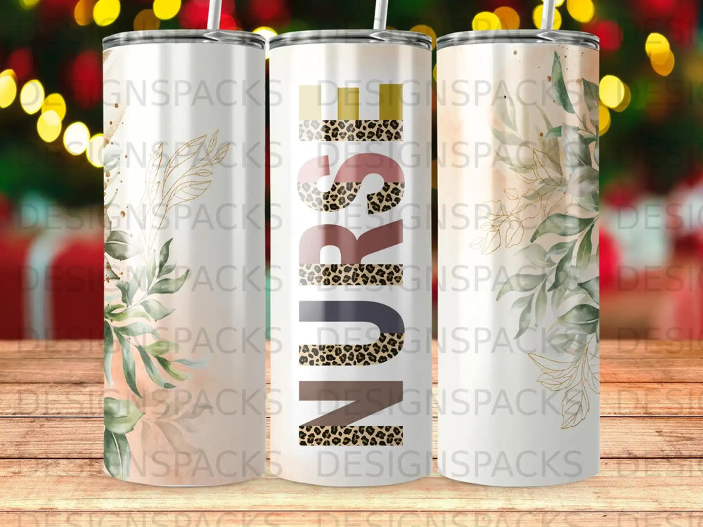 Three tumblers with green leaves and leopard print, one says "Nurse".