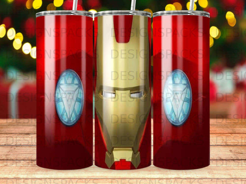 Three tumblers with a red and gold marble pattern and a dark blue emblem.