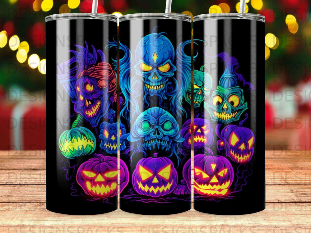 Glow-in-the-dark Halloween skulls and pumpkins on a black background.