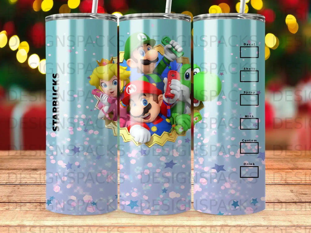 Mario and Luigi themed tumbler with Starbucks drink categories.