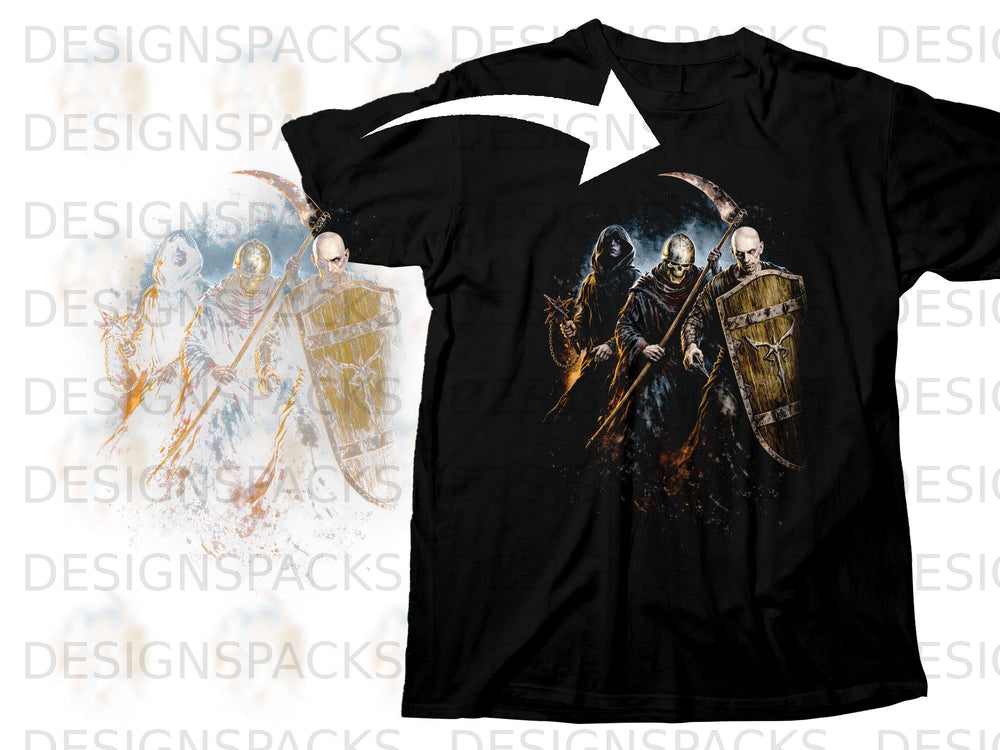 Grim reaper and skeletal warriors graphic on a black t-shirt.