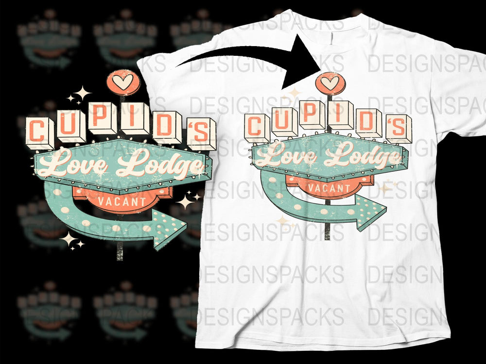 Retro Cupid's Love Lodge T-Shirt, Vintage Motel Sign Graphic Tee, Valentine's Day Gift Shirt