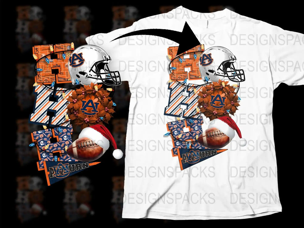 Auburn Tigers Football Helmet and Autumn Leaves Graphic T-Shirt, College Sports Fan Apparel