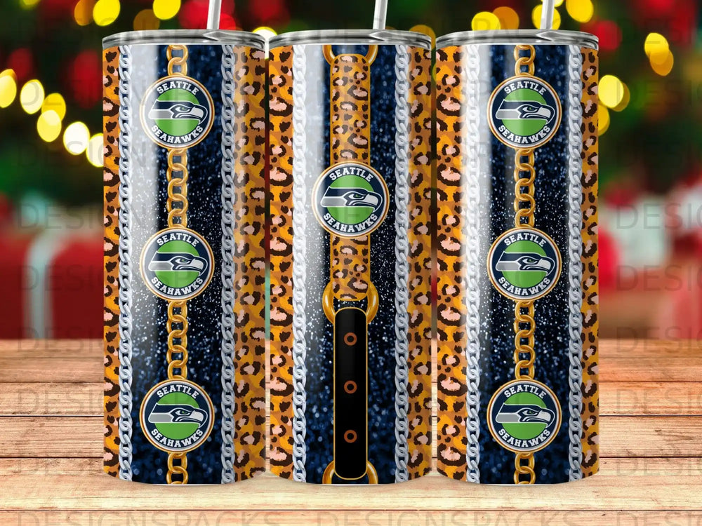 Seattle Seahawks tumbler with leopard print and gold chain design.