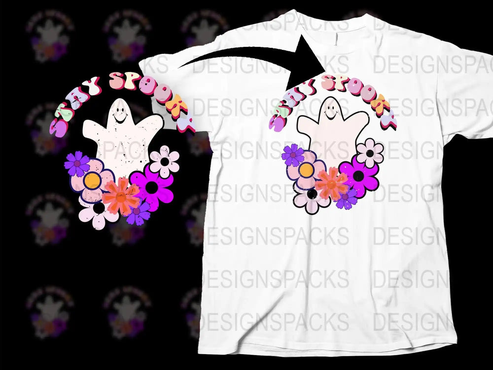 Cute Ghost Sports T-Shirt, Stay Spooky, Floral Design, White Graphic Tee, Halloween Apparel, Casual Wear, Unique Ghostly Shirt