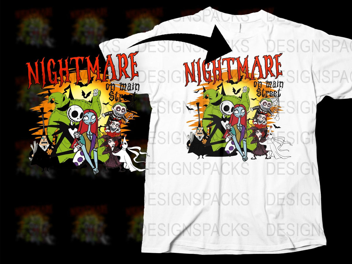 Nightmare on Main Street Halloween T-Shirt, Cartoon Monsters Graphic Tee, Unisex Adult Horror Shirt