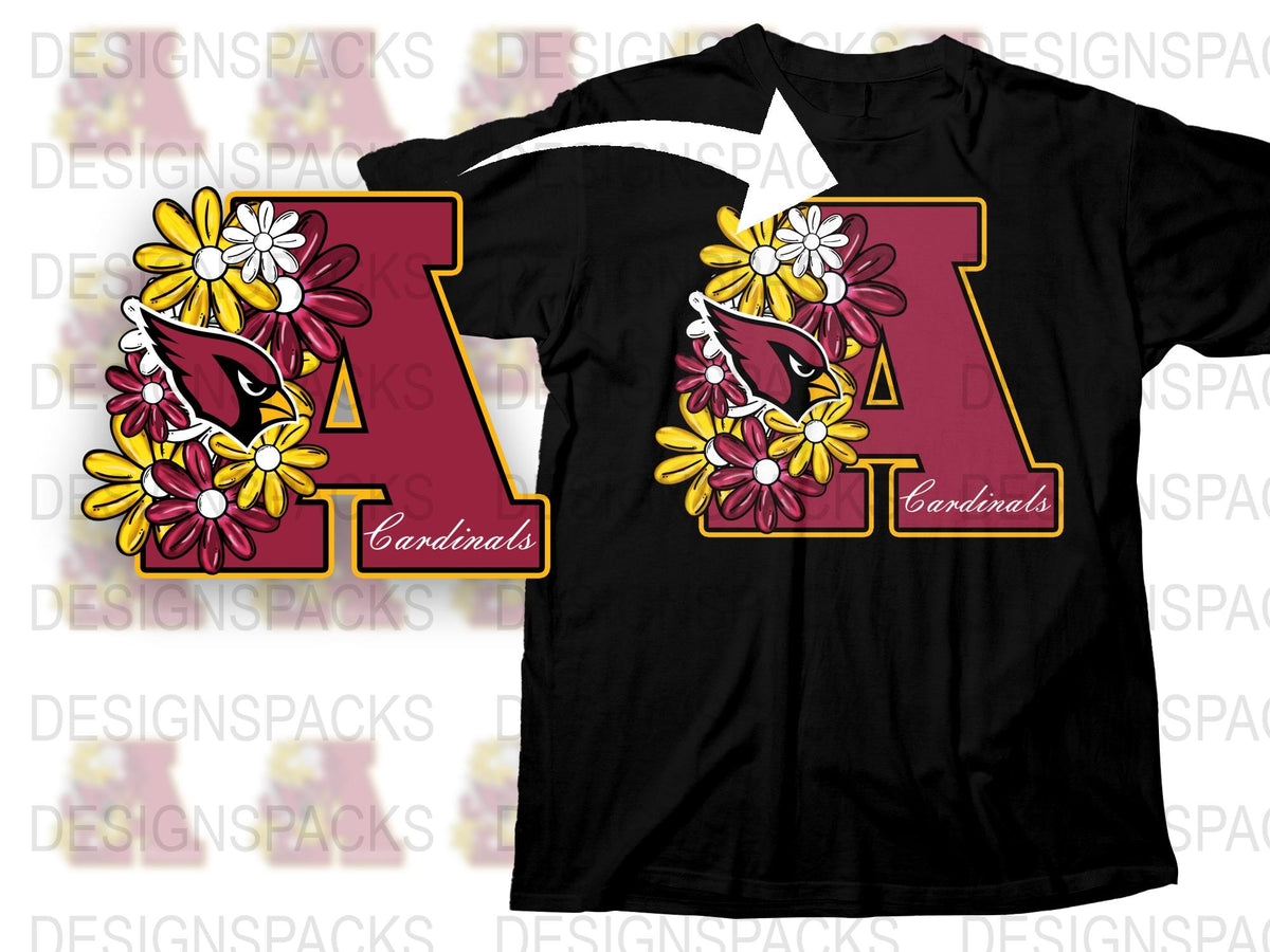 Arizona Cardinals T-Shirt with Floral Design, Daisy Accents, Sports Fan Apparel, Black Unisex Tee