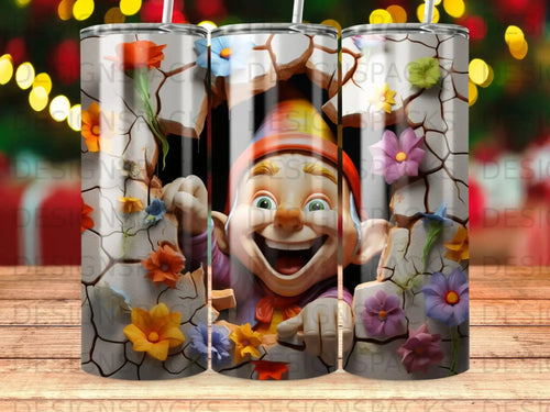 Joyful cartoon gnome peeking through cracked wall with colorful flowers.