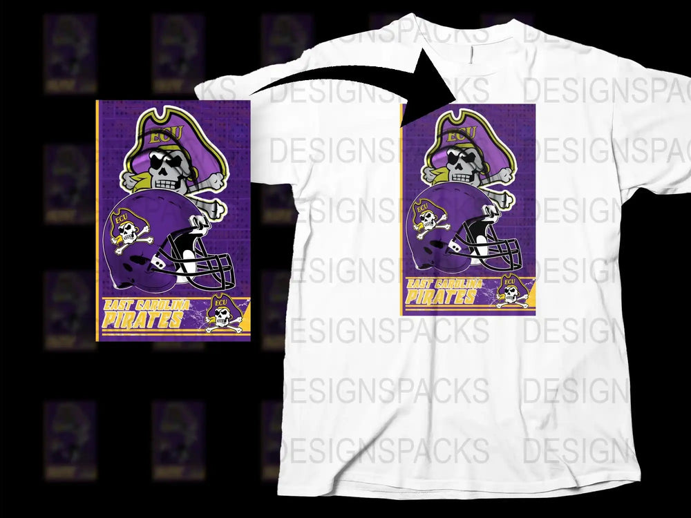 ECU Pirates Tee, East Carolina University Football Helmet Graphic T-Shirt, Purple and Gold Sports Fan Apparel