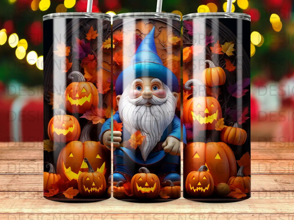 Gnome with pumpkins and autumn leaves.