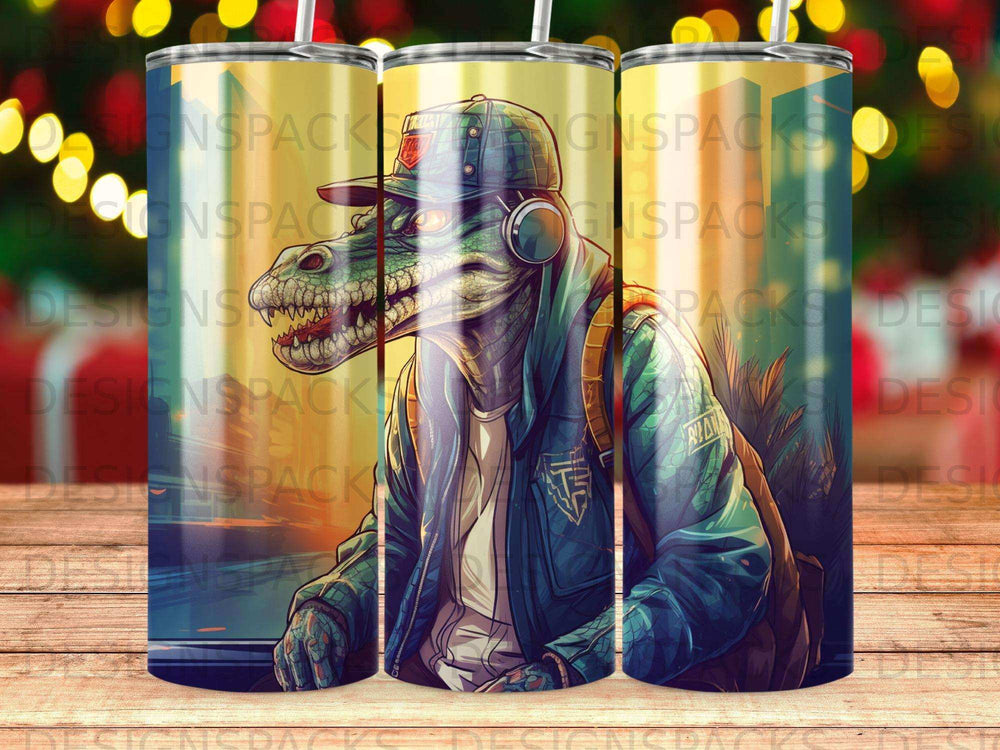 Anthropomorphic alligator wearing headphones and a jacket, with city lights background.
