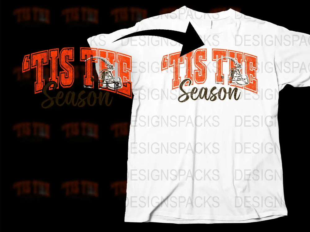Festive Holiday T-Shirt 'Tis the Season Orange Text Football Helmet Graphic Tee