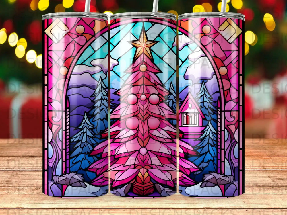 Pink stained glass Christmas tree with starry sky and snow-covered trees.