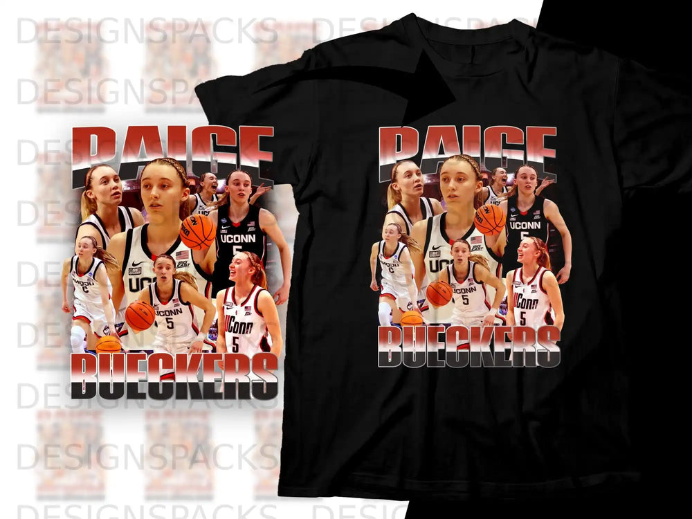 UConn women's basketball players on a black t-shirt design, with "Dueckers" text.