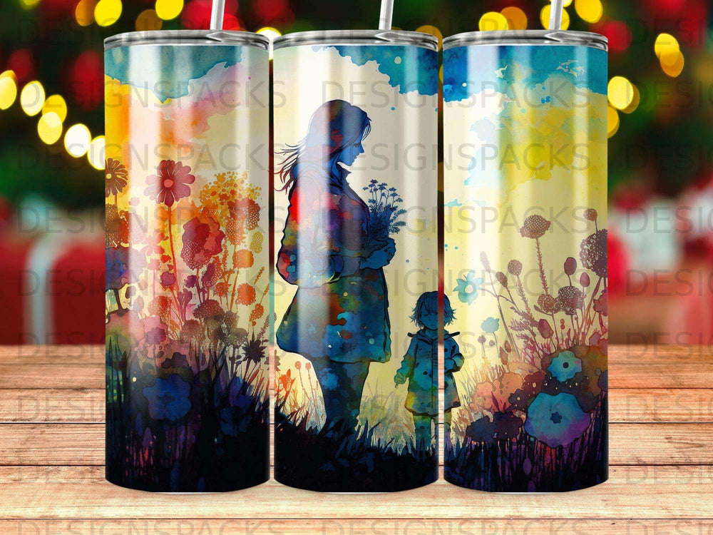 Silhouette of mother and child in a colorful floral meadow.