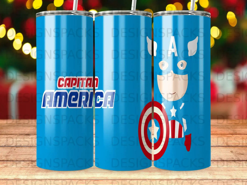 Blue tumbler with Captain America shield and text.