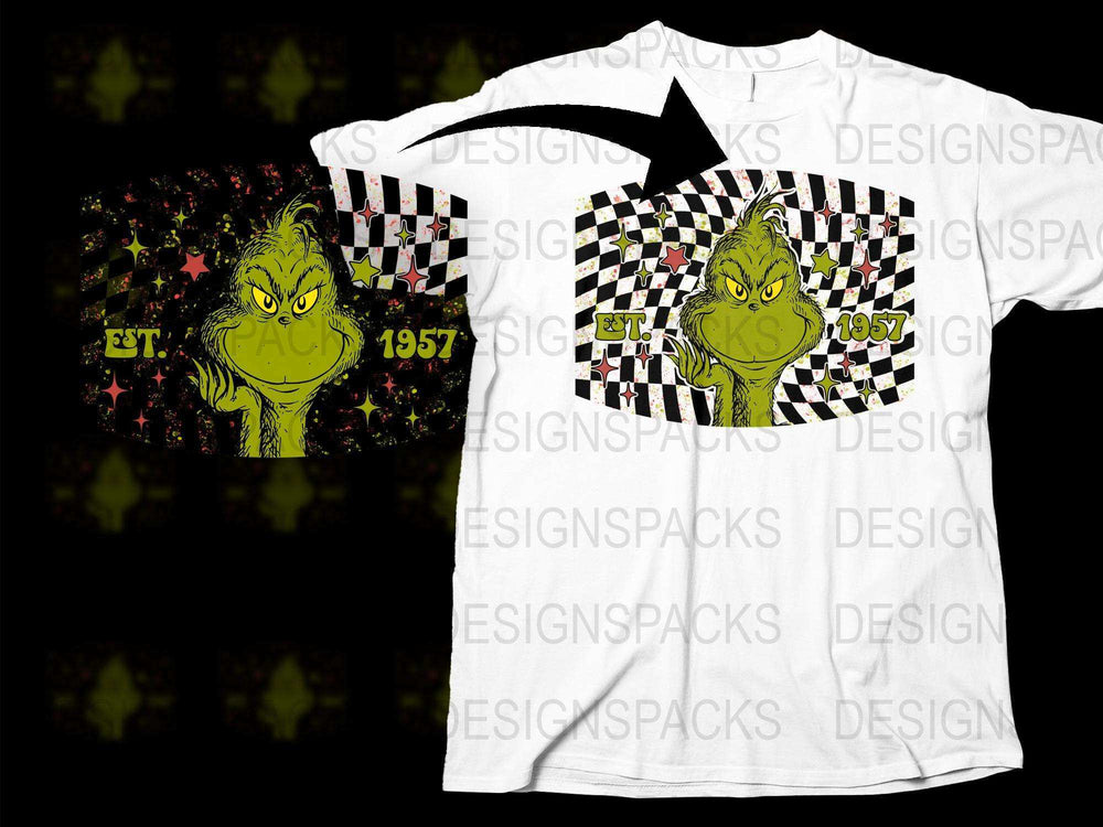 Vintage Grinch T-Shirt, Classic 1957 Character Design, Retro Style Graphic Tee, Unisex Black and White Checkerboard