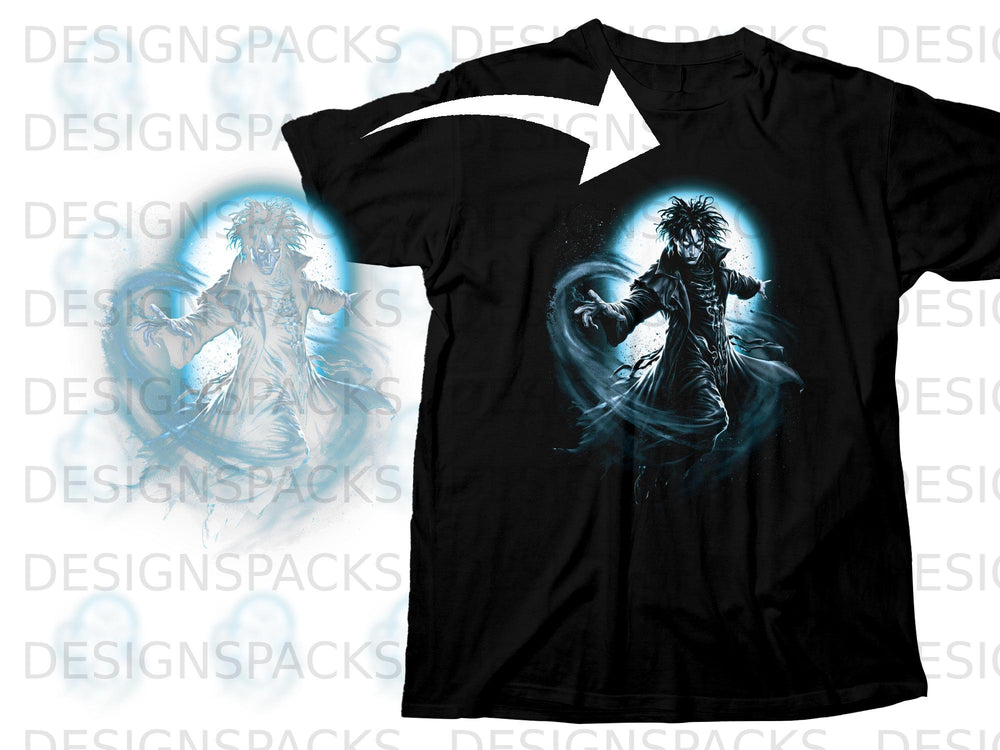 Black t-shirt with a dark, mystical character illustration and a bright blue aura.