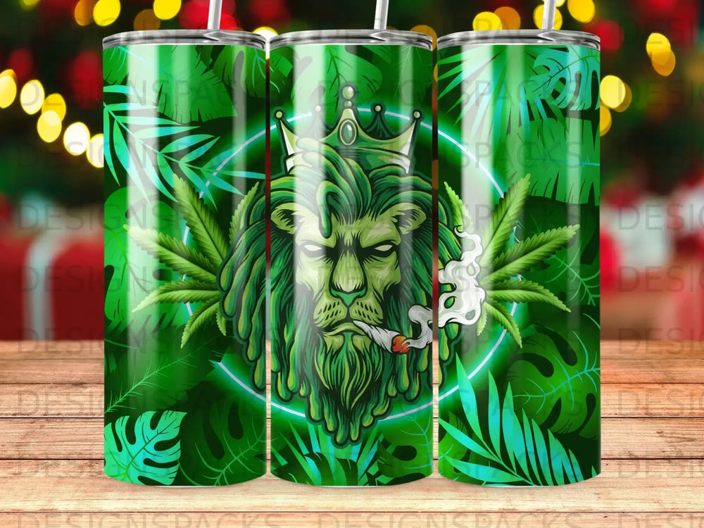 Lion wearing a crown and smoking a joint, surrounded by leaves.