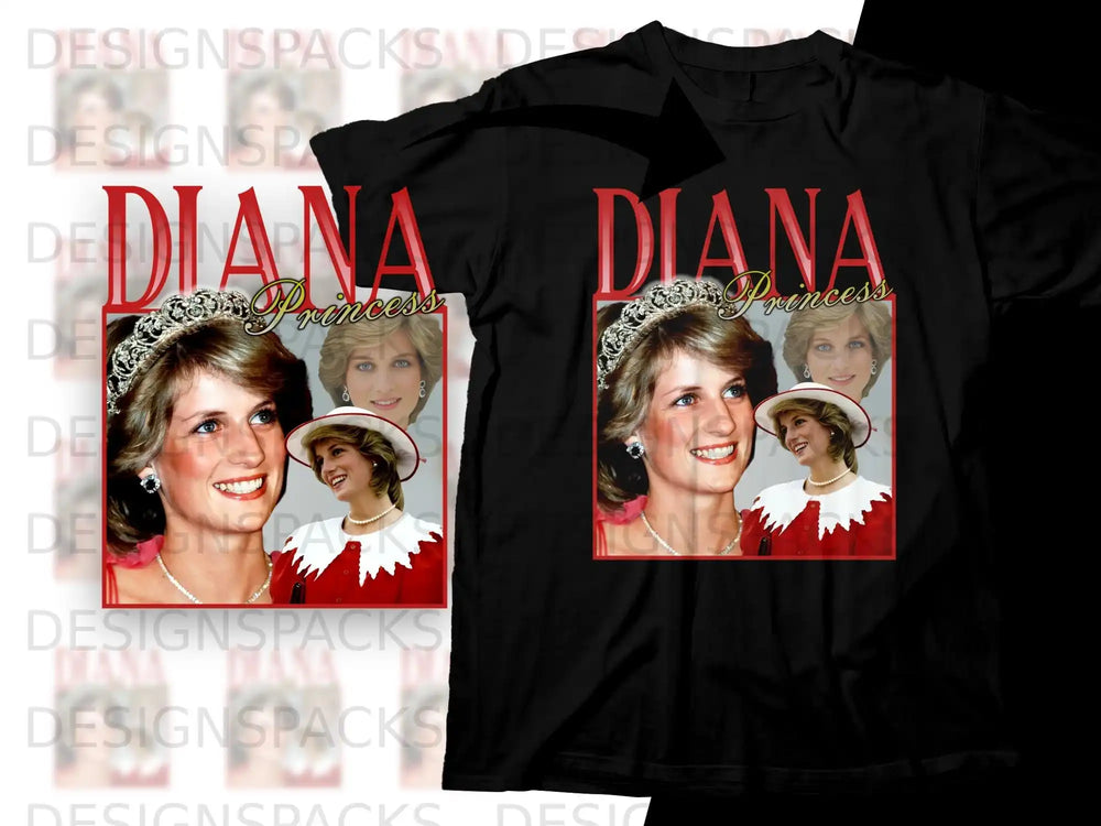 T-shirt featuring a collage of Princess Diana wearing a red suit and crown.