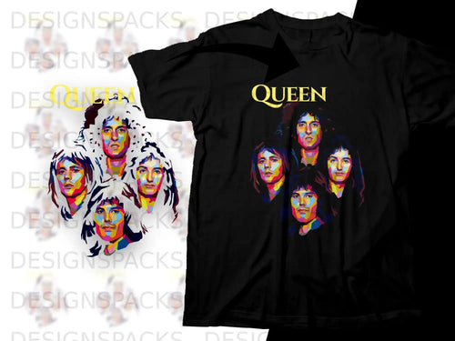 Black t-shirt with colorful Queen band members portrait art.