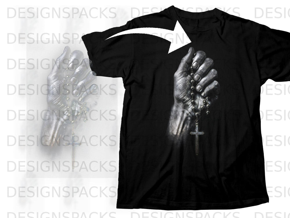 Black t-shirt with graphic of a hand holding rosary beads and a cross.