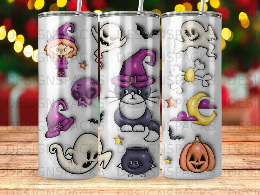 Halloween-themed tumbler with ghosts, a black cat, and pumpkins.