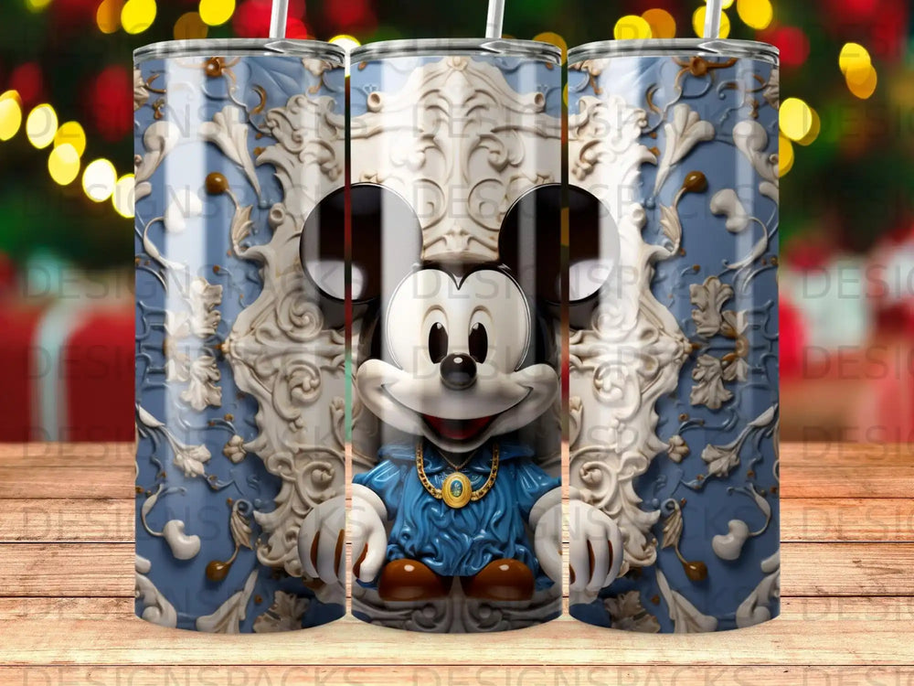 Mickey Mouse in a blue shirt and gold chain, on a tumbler with ornate blue and white pattern.
