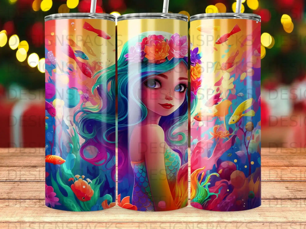 Mermaid with colorful hair and fish in a vibrant underwater scene.