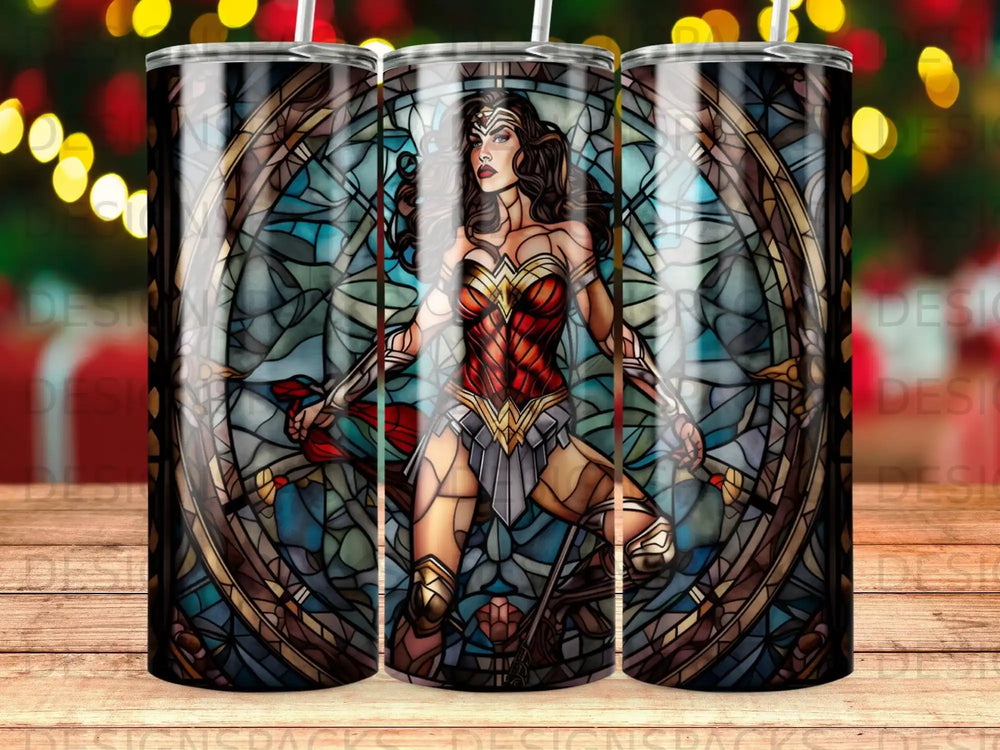 Wonder Woman stained glass art on a tumbler.