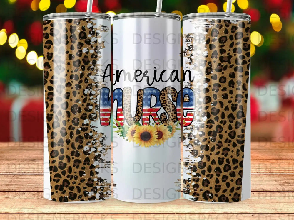 Tumbler with leopard print, American flag, and sunflowers.