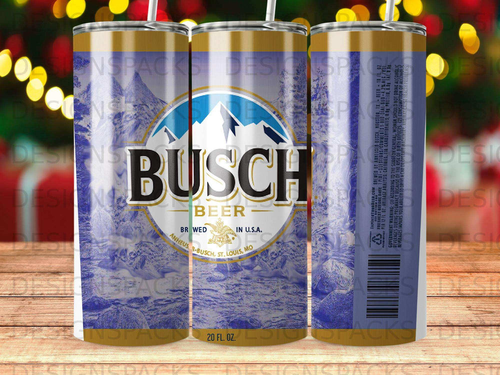 Busch Beer tumbler with mountains and the Busch logo.