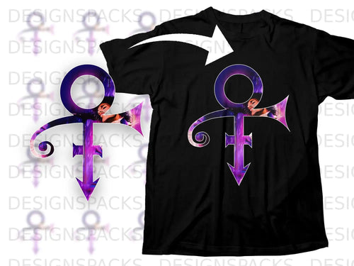 Black t-shirt featuring Prince's iconic purple symbol with a silhouette within.