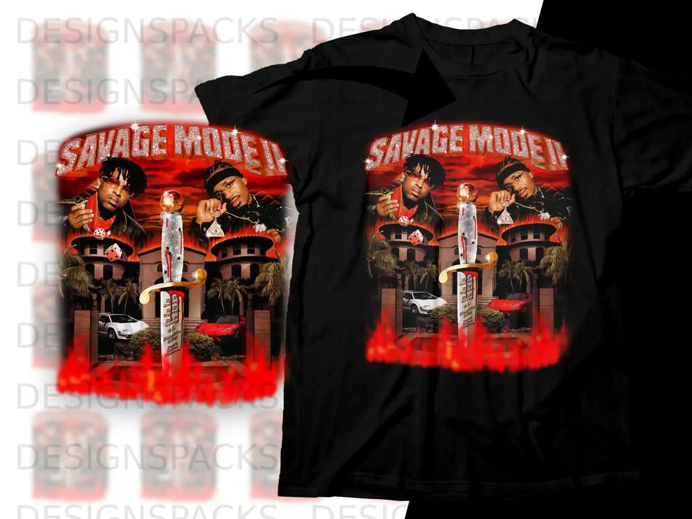 Black t-shirt with "SAVAGE MODE II" graphic featuring a sword and car.