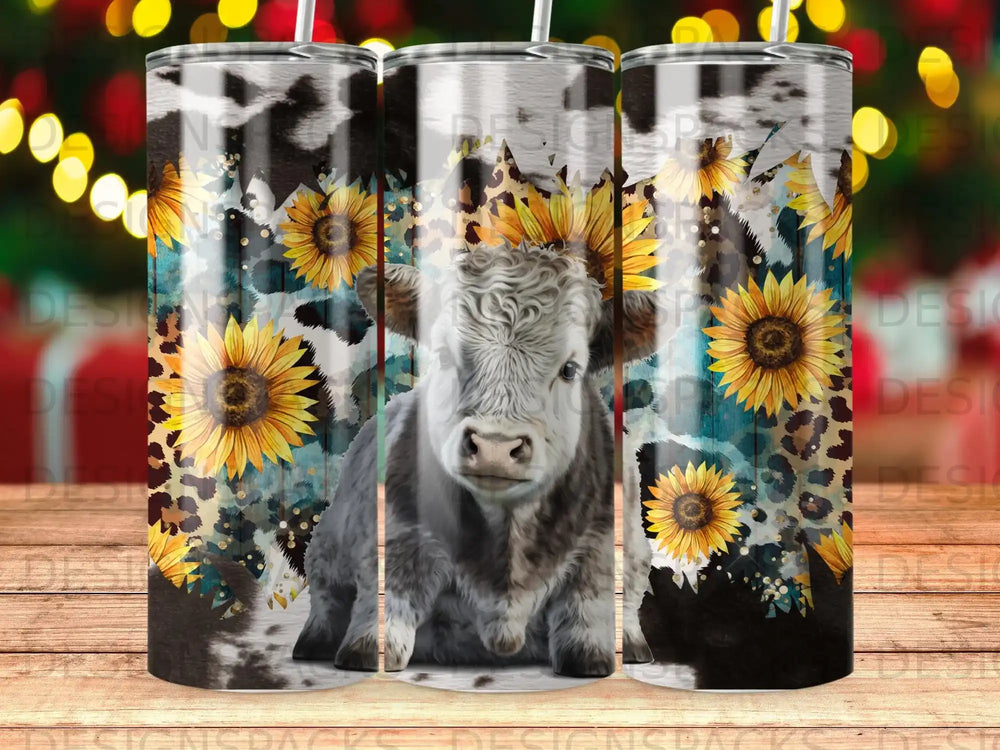 Cow with sunflowers on a tumbler design.