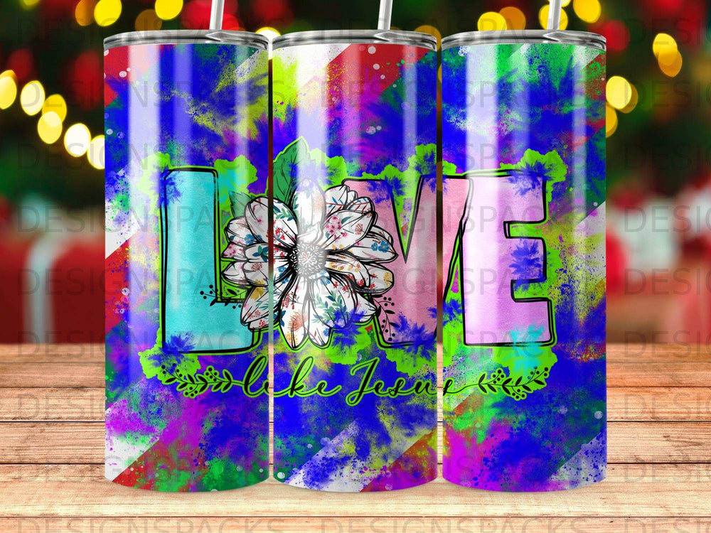 Tumbler with "LOVE" in large letters and a flower, blue and pink watercolor background.