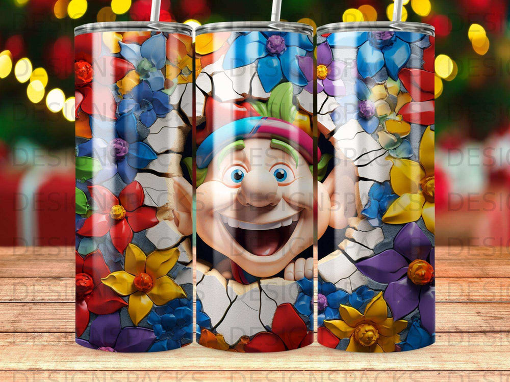 Cartoon character peeking through cracked wall with colorful flowers.