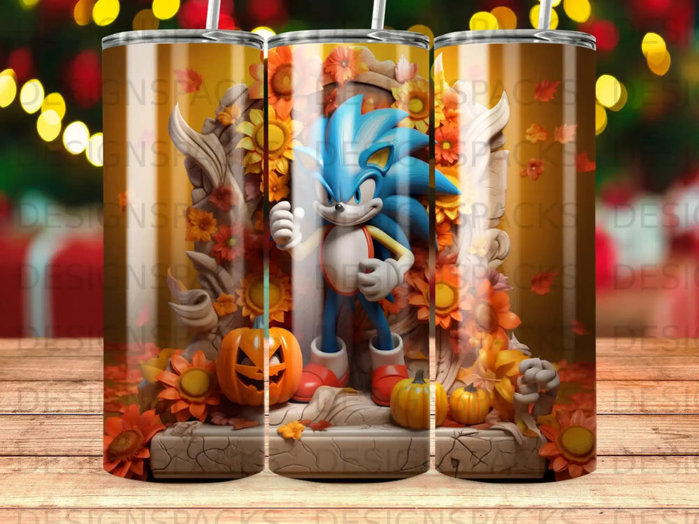 Sonic the Hedgehog stands among pumpkins and autumn leaves on a tumbler.