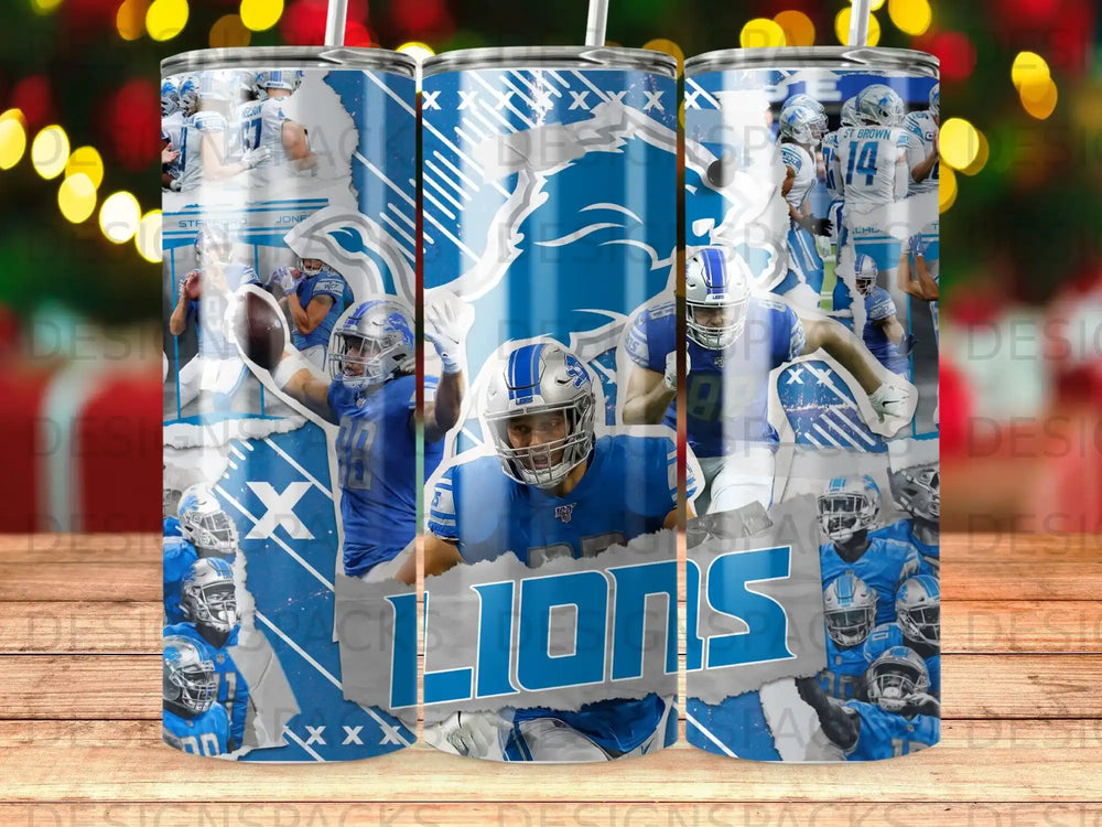 Detroit Lions players collage on a tumbler with team logos and player names.