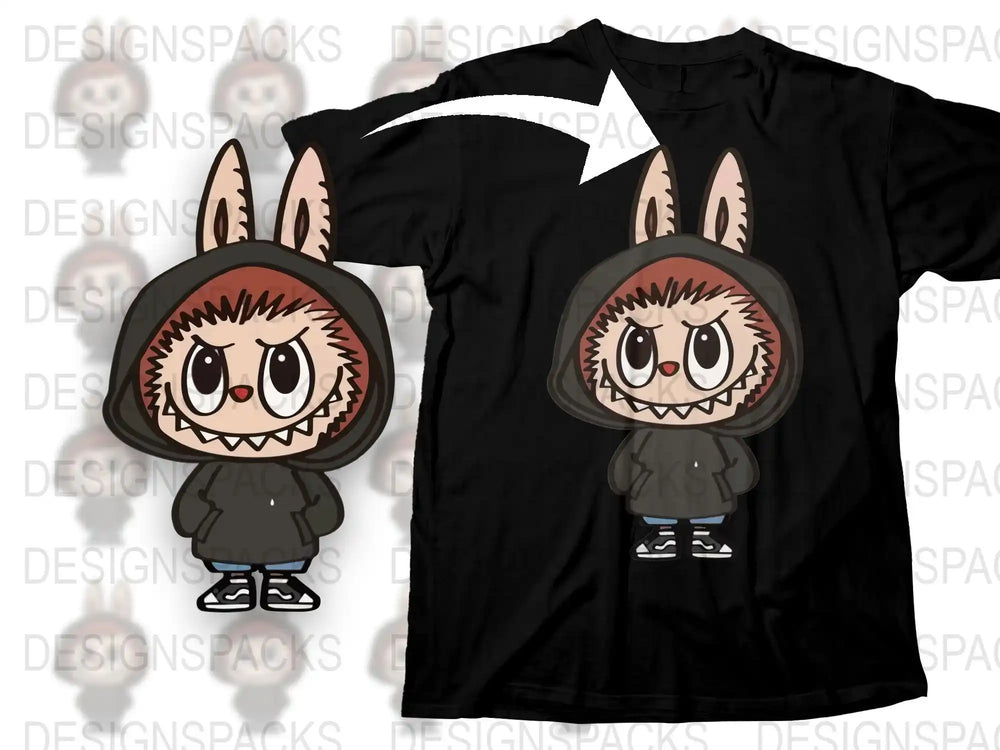 Cartoon Monster Rabbit Graphic T-Shirt, Cute Creepy Bunny Print, Unisex Black Tee, Casual Streetwear, Halloween Style Shirt