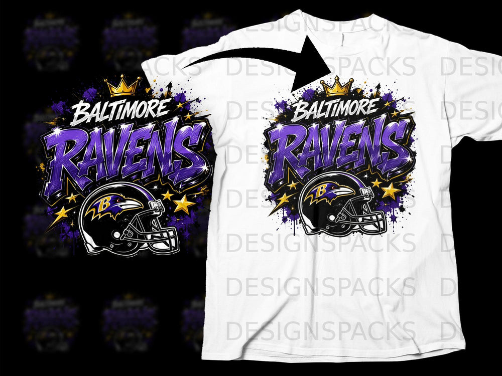 Baltimore Ravens graphic with helmet, crown, and stars on a white t-shirt.