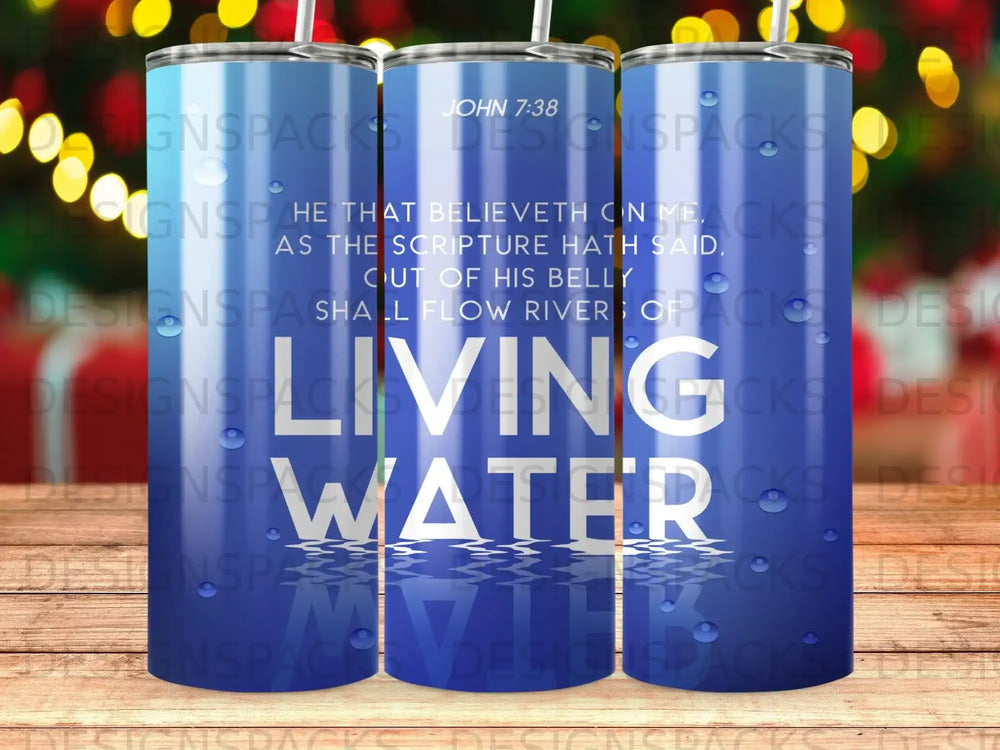 Tumbler with "Living Water" text, John 7:38 scripture, and abstract background.