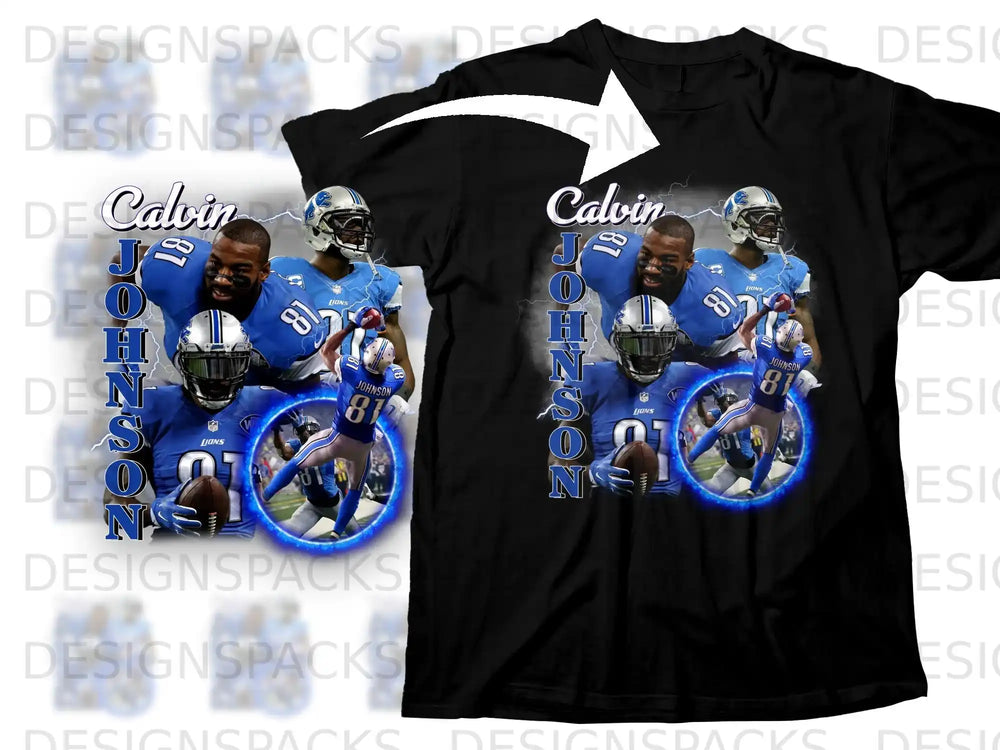 Detroit Lions Calvin Johnson jersey with number 81 on a black t-shirt.