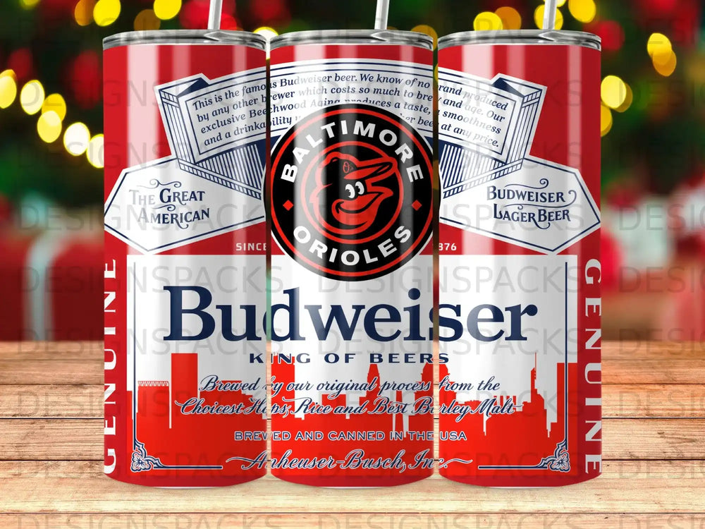 Budweiser beer can with "King of Beers" and Orioles logo.